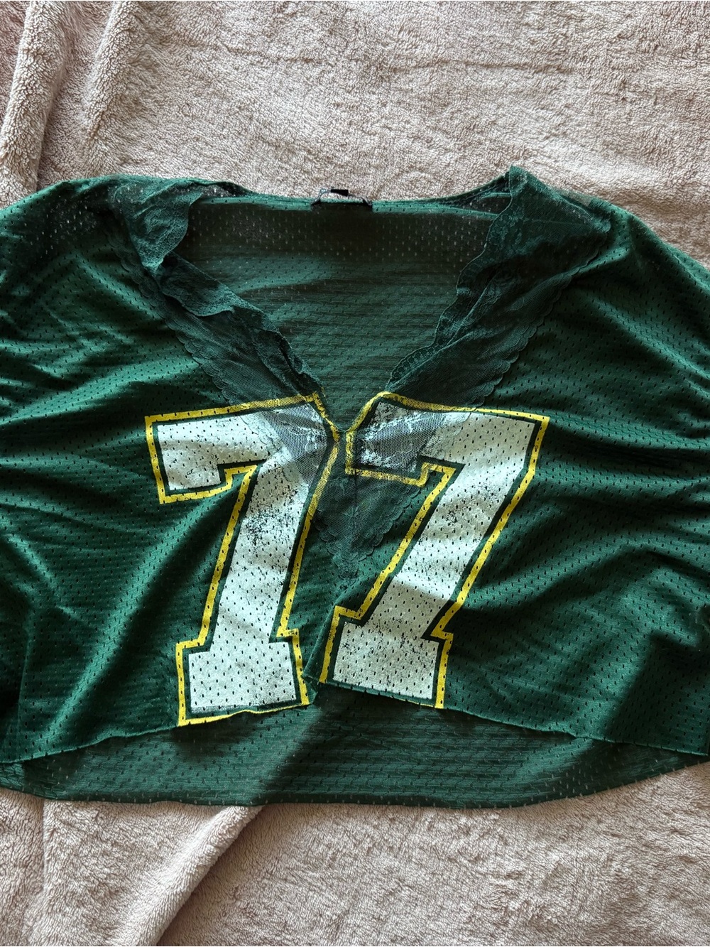 Fashion Nova Green Mesh Jersey Crop Top with Yellow & White Number 77